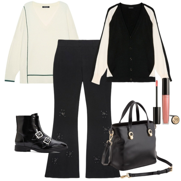 Outfit donna - Ufficio/serata in bianco e nero. Stile Casual chic per Ufficio. Abbinamento con stivaletti, gloss, cardigans, pantaloni, maglieria, borse a mano.