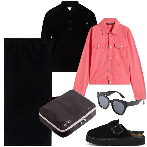 Outfit donna - In viaggio. Stile Trendy per Tutti i giorni. Abbinamento con occhiali da sole, blazer, gonne, polo, sabot, valigie.