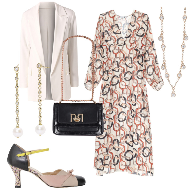 Outfit donna - City. Stile Trendy per Tutti i giorni. Abbinamento con décolleté, orecchini, collane, blazer, borse a tracolla, vestiti midi/longuette.