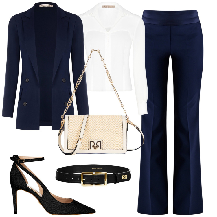 Outfit donna - Evento. Stile Chic per Serata fuori. Abbinamento con pantaloni, blazer, bluse, borse a tracolla, décolleté, cinture.