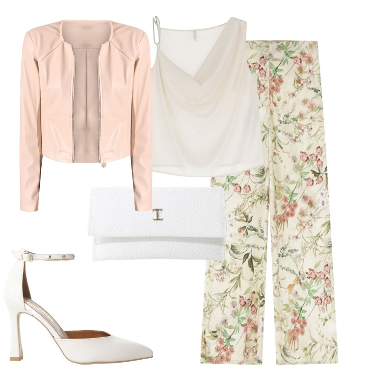 Outfit donna - I pantaloni floreali. Stile Romantica per Tutti i giorni. Abbinamento con giacche, pantaloni, borse a tracolla, top, décolleté.