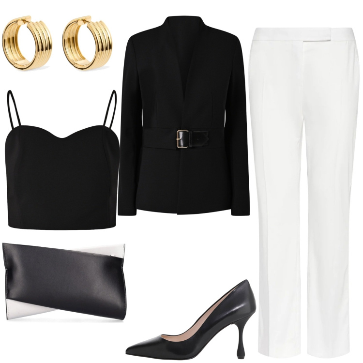Outfit donna - Pantalone bianco e Blazer nero. Stile Chic per Tutti i giorni. Abbinamento con blazer, top, décolleté, pantaloni, pochette, orecchini.