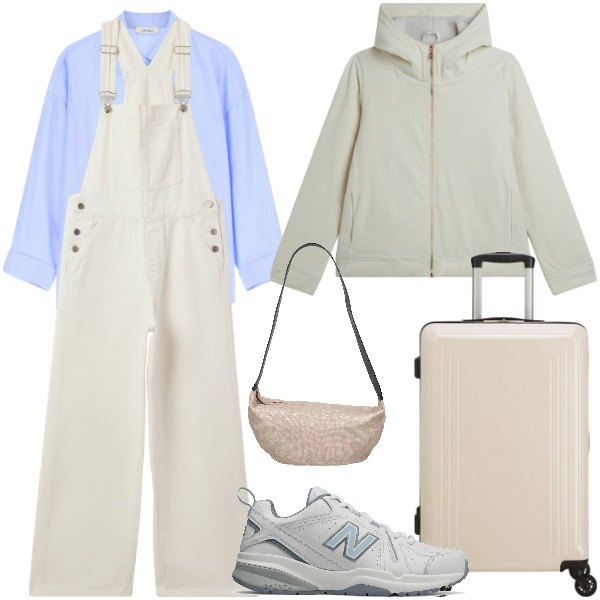 Outfit donna - Viaggiare con stile. Stile Basic per Tutti i giorni. Abbinamento con salopette, sneakers, blazer, camicie, borse a spalla, valigie.
