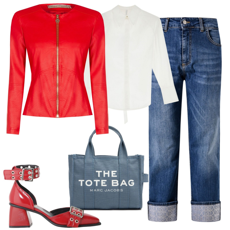 Outfit donna - City. Stile Casual chic per Tutti i giorni. Abbinamento con blazer, jeans dritti, camicie, décolleté, borse tote.