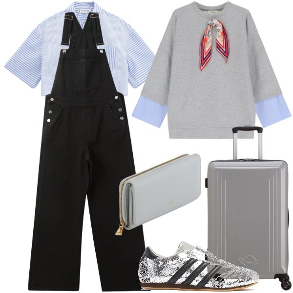Outfit donna - Viaggiare con stile. Stile Basic per Tutti i giorni. Abbinamento con salopette, camicie, felpe, sneakers, valigie, portafogli.