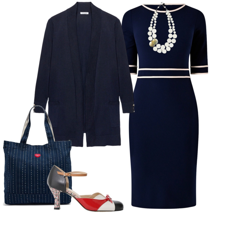 Outfit donna - A lavoro. per Scuola/Università. Abbinamento con vestiti a tubino, décolleté, cardigans, ciondoli, borse tote.