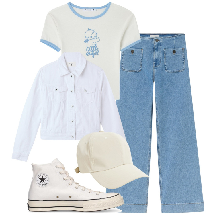 Outfit donna - Denim time. Stile Casual per Tutti i giorni. Abbinamento con jeans, t-shirt, blazer, cappelli, sneakers.