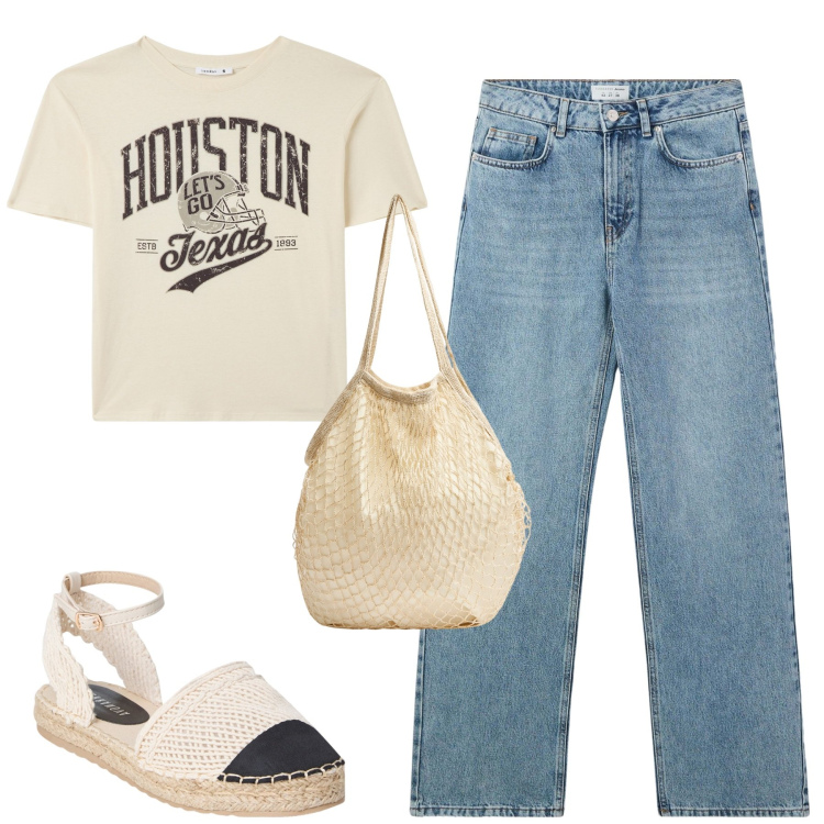 Outfit donna - City. Stile Casual per Tutti i giorni. Abbinamento con t-shirt, jeans, borse a tracolla, espadrillas.
