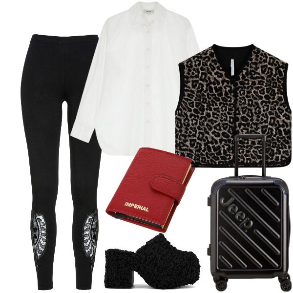 Outfit donna - Viaggiare con stile. Stile Casual chic per Tutti i giorni. Abbinamento con leggings, portafogli, gilet, camicie, sabot, valigie.