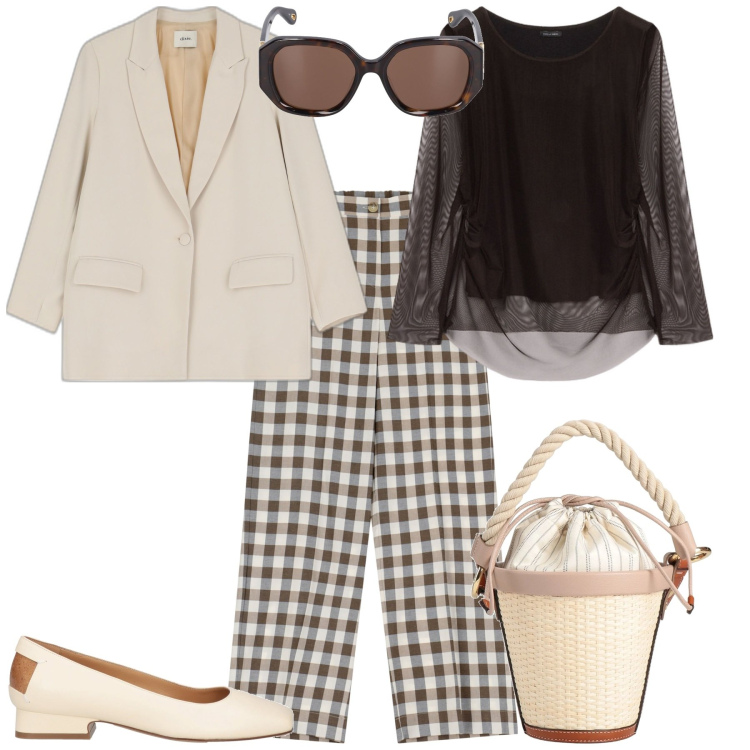 Outfit donna - Total look #2094595. Stile Chic per Ufficio. Abbinamento con borse a secchiello, ballerine, pantaloni, blazer, t-shirt, occhiali da sole.