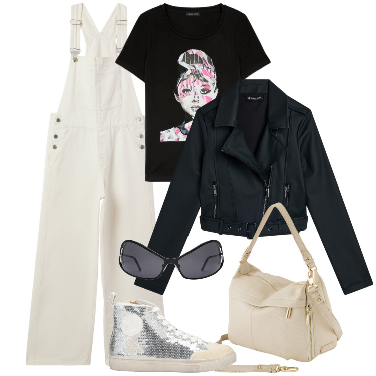 Outfit donna - Total look #2094597. Abbinamento con sneakers alte, salopette, giacche, t-shirt, borse a tracolla, occhiali da sole.