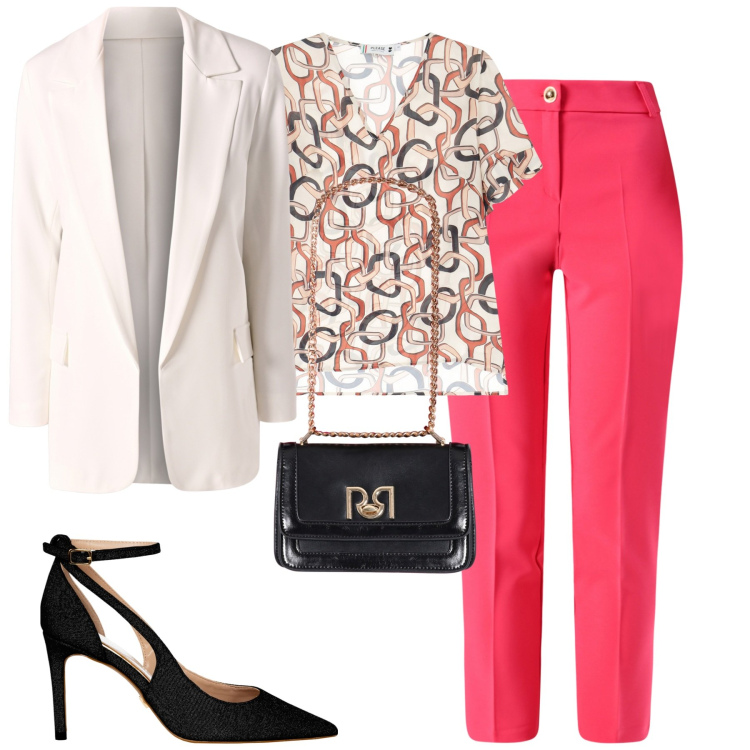 Outfit donna - City. Stile Urban per Tutti i giorni. Abbinamento con pantaloni, blazer, décolleté, borse a tracolla, t-shirt.