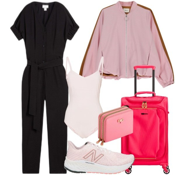 Outfit donna - Viaggiare con stile. Stile Basic per Tutti i giorni. Abbinamento con tute, sneakers, body, bomber, valigie, portafogli.