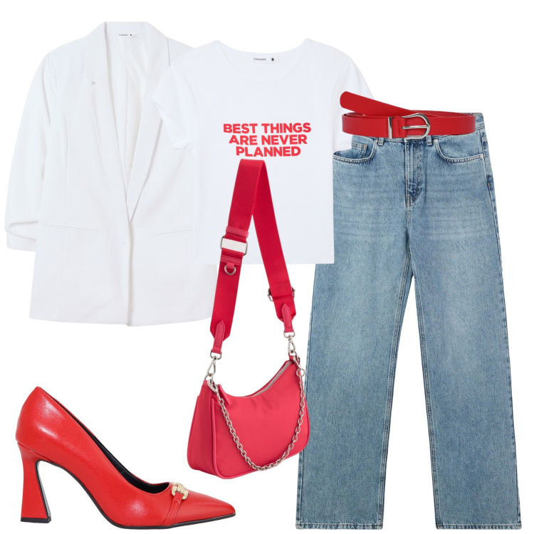 Outfit donna - Total look #2094603. Stile Casual chic per Tutti i giorni. Abbinamento con jeans, blazer, t-shirt, cinture, décolleté, borse a tracolla.