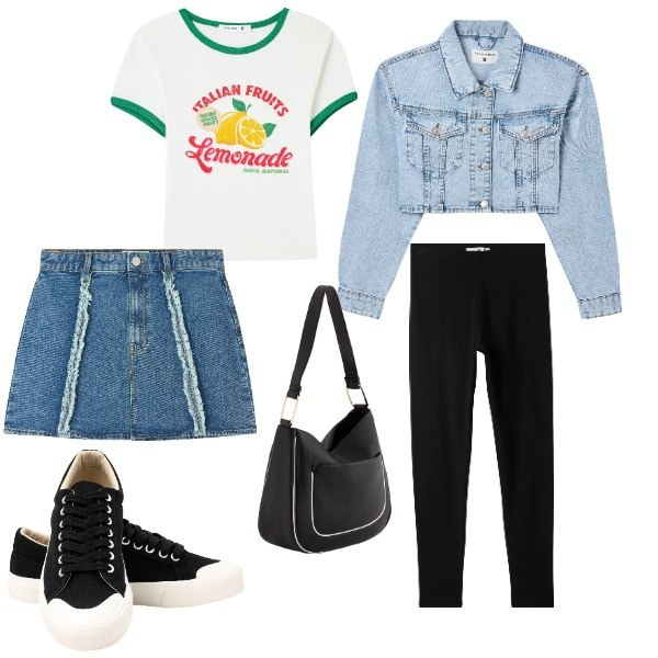 Outfit donna - Total look #2094607. Stile Casual per Tutti i giorni. Abbinamento con minigonne, t-shirt, blazer, leggings, sneakers, borse a tracolla.