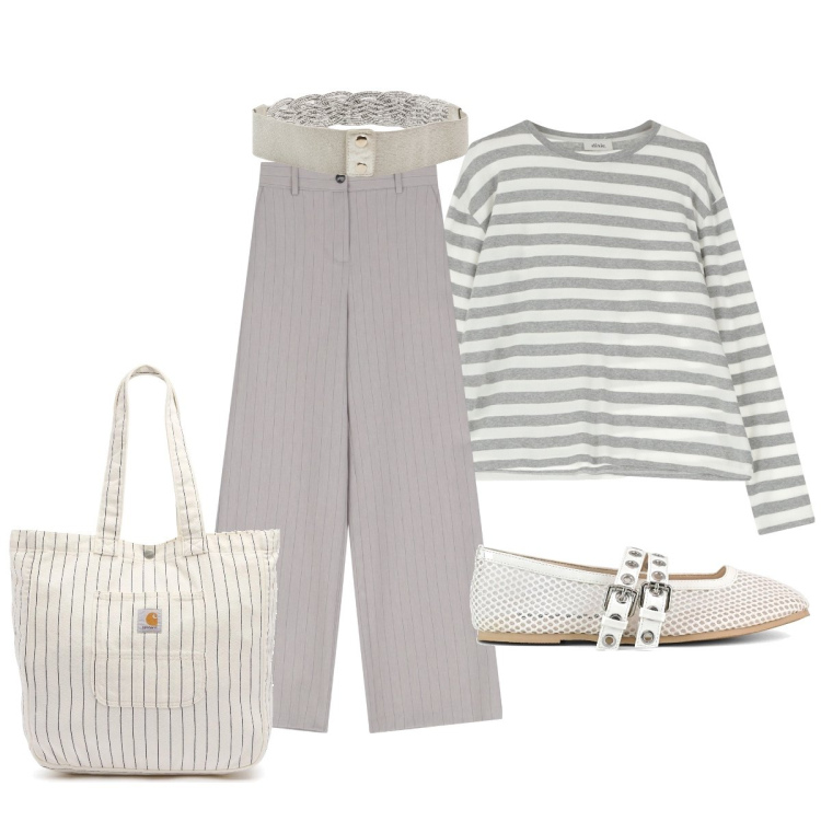 Outfit donna - Grigio perla. Stile Minimal per Tutti i giorni. Abbinamento con cinture, t-shirt, pantaloni a palazzo, ballerine, borse tote.
