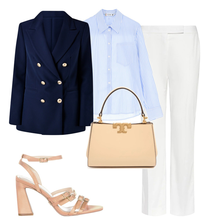Outfit donna - Navy blazer. Stile Chic per Tutti i giorni. Abbinamento con blazer, sandali col tacco, camicie, pantaloni, borse a mano.