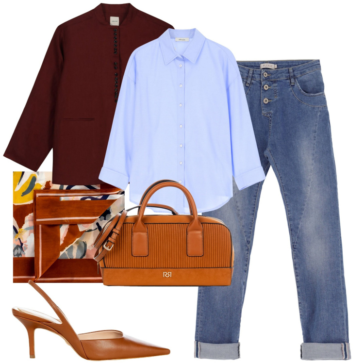 Outfit donna - City. Stile Casual chic per Tutti i giorni. Abbinamento con borse a mano, foulard, décolleté, jeans slim fit, camicie, blazer.