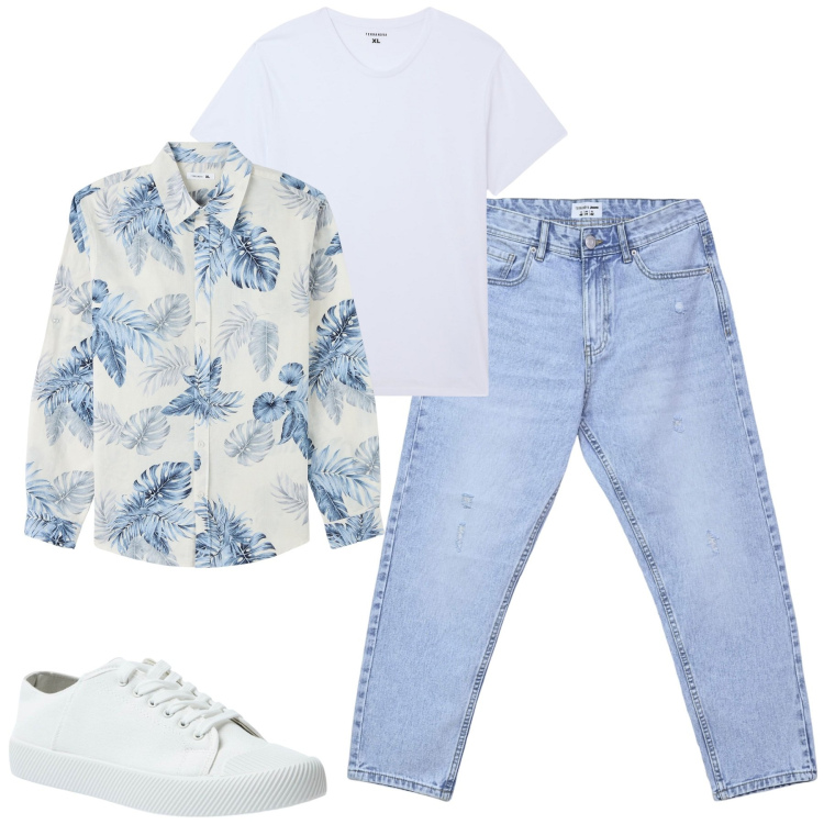 Outfit uomo - City. Stile Casual per Tutti i giorni. Abbinamento con t-shirt, sneakers, camicie, jeans strappati.