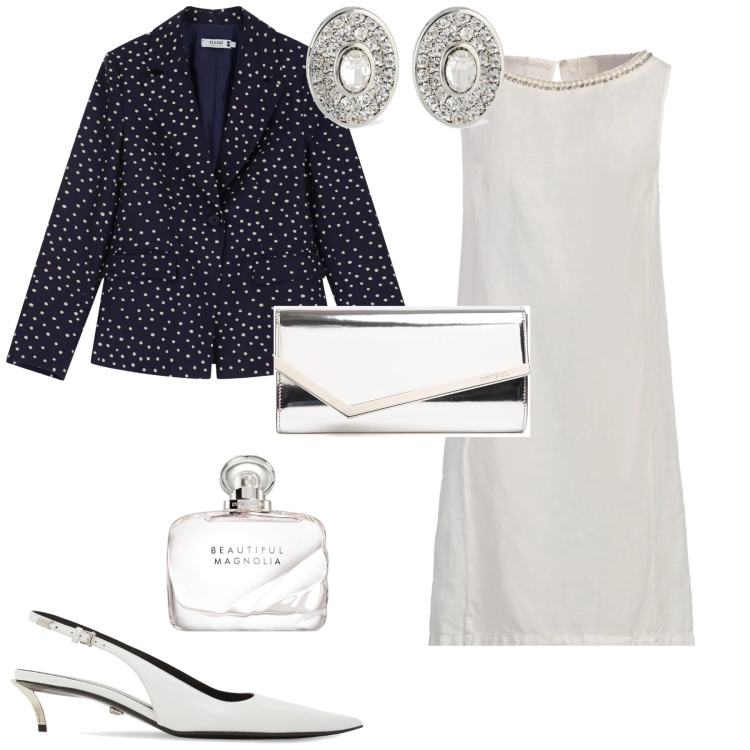Outfit donna - Il ritorno del pois. Stile Bon Ton per Cerimonia. Abbinamento con vestiti corti, profumi, blazer, pochette, décolleté, orecchini.