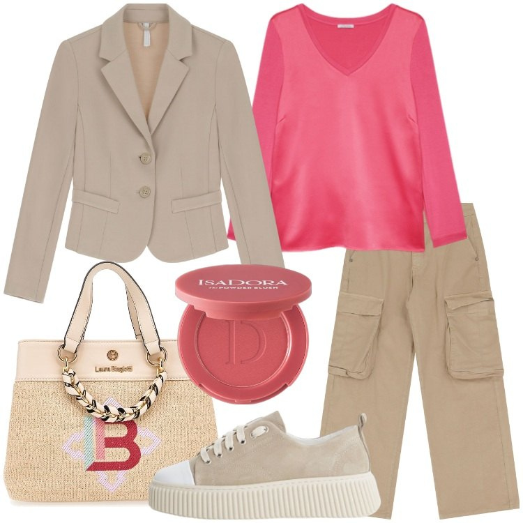 Outfit donna - Lo stile casual chic per la primavera. Stile Casual chic per Tutti i giorni. Abbinamento con blush, pantaloni chino, sneakers, blazer, t-shirt, borse a mano.