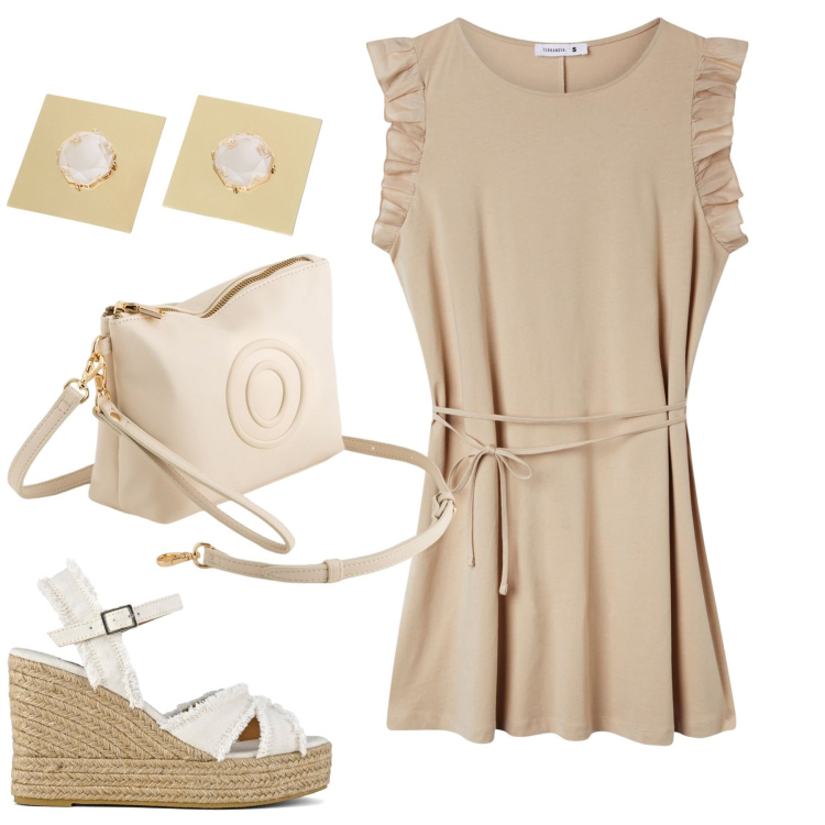 Outfit donna - City. Stile Urban per Tutti i giorni. Abbinamento con vestiti, orecchini, sandali col tacco, valigie.
