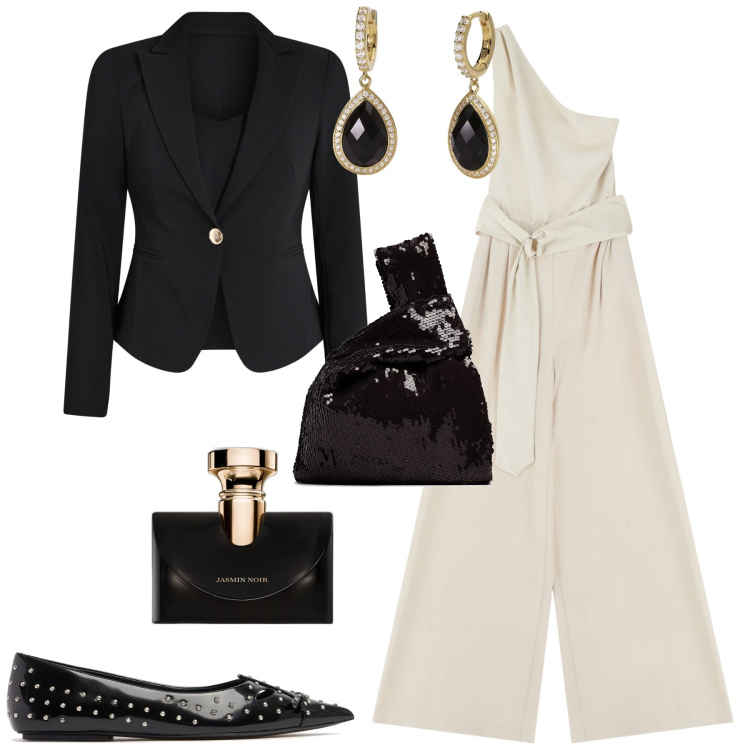 Outfit donna - Serata evento glamour. Stile Glamour per Serata fuori. Abbinamento con profumi, orecchini, blazer, tute, ballerine, pochette.