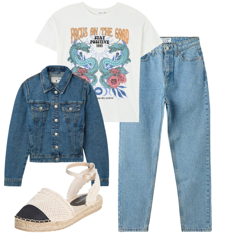 Outfit donna - City. Stile Casual per Tutti i giorni. Abbinamento con t-shirt, jeans mom, espadrillas, blazer.