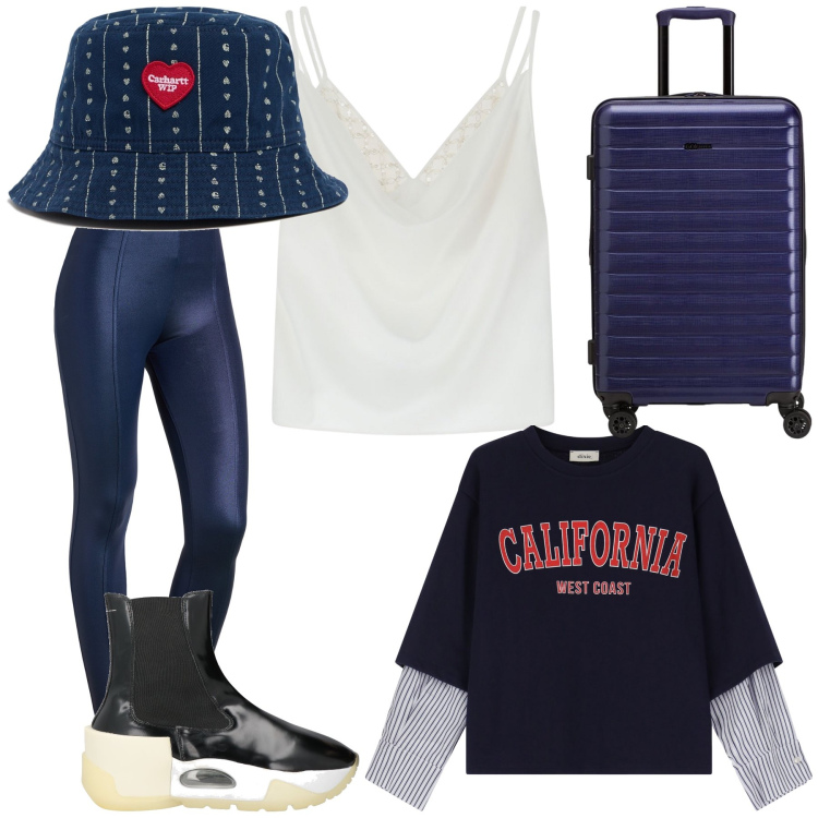 Outfit donna - Leggings per un comodo viaggio. Stile Trendy per Tutti i giorni. Abbinamento con stivaletti chelsea, canottiere, pantaloni skinny, felpe, cappelli, valigie.