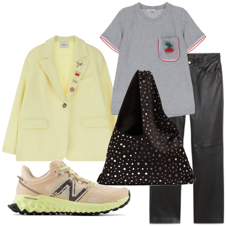 Outfit donna - Ciliegie e banane. Stile Casual per Tutti i giorni. Abbinamento con pantaloni, blazer, t-shirt, sneakers, borse a spalla.