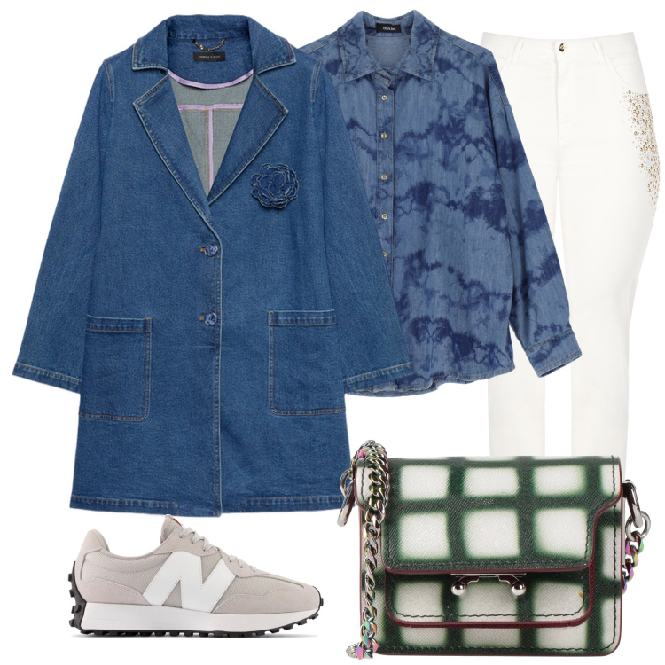Outfit donna - Denim e bianco. Stile Casual per Tutti i giorni. Abbinamento con borse a tracolla, sneakers, jeans dritti, camicie, trench.