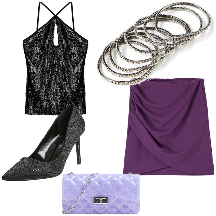 Outfit donna - Let s disco. Stile Trendy per Serata fuori. Abbinamento con braccialetti, borse a tracolla, gonne, décolleté, top.