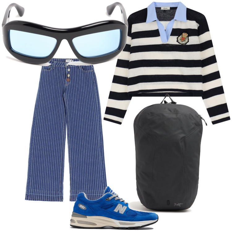 Outfit donna - A righe verso il mare. Stile Sporty chic per Mare. Abbinamento con sneakers, jeans, maglieria, occhiali da sole, zaini.