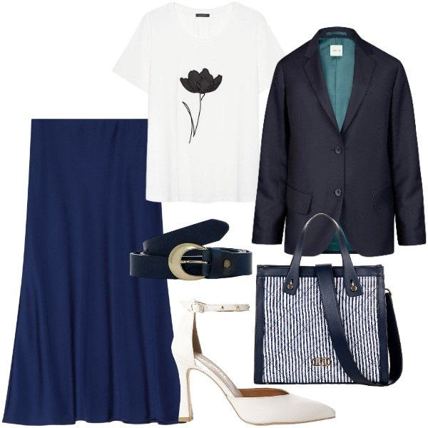Outfit donna - Primavera in blu. Stile Trendy per Tutti i giorni. Abbinamento con shopping bag, gonne longuette, décolleté, cinture, blazer, t-shirt.