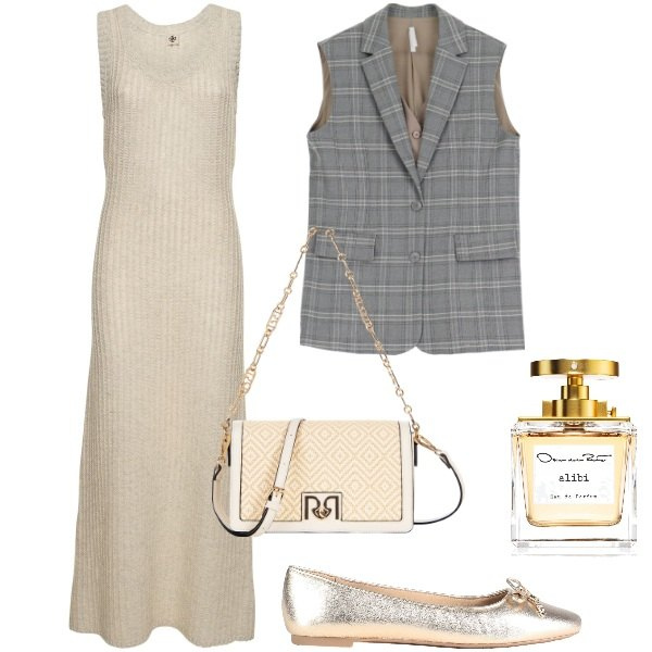 Outfit donna - Per l\'ufficio. Stile Chic per Ufficio. Abbinamento con profumi, ballerine, borse a tracolla, gilet, vestiti.