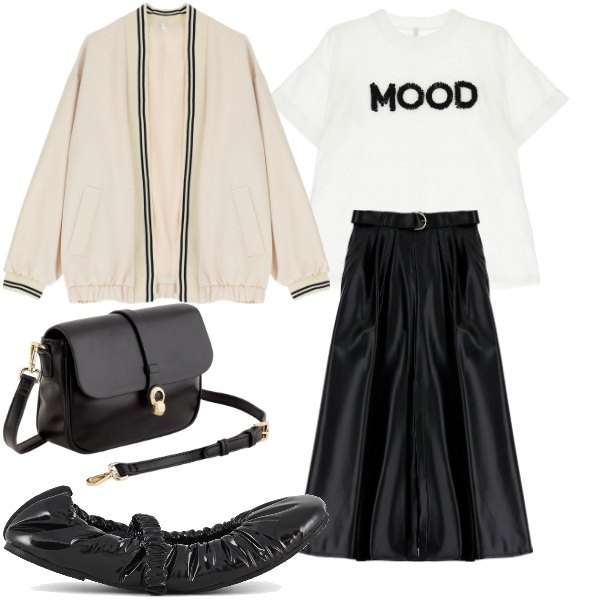 Outfit donna - MOOD Urban Chic. Stile Sporty chic per Ufficio. Abbinamento con gonne lunghe, t-shirt, bomber, ballerine, borse a tracolla.