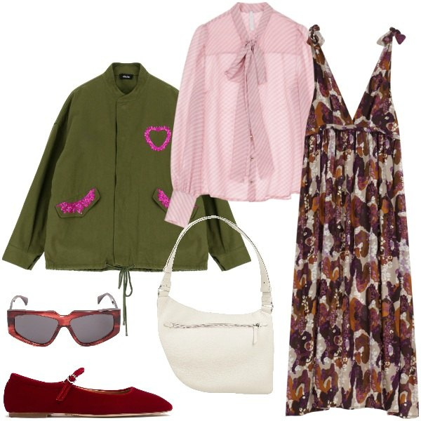 Outfit donna - Eventi di aprile. Stile Urban per Tutti i giorni. Abbinamento con borse a tracolla, camicie, vestiti lunghi, cappotti, occhiali da sole, ballerine.