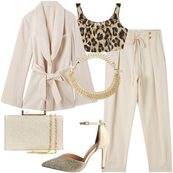 Outfit donna - Un accenno animalier. Stile Bon Ton per Cerimonia. Abbinamento con blazer, décolleté, pantaloni, clutch, top, collane.