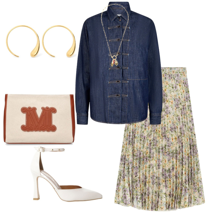 Outfit donna - Primavera. per Tutti i giorni. Abbinamento con décolleté, ciondoli, gonne lunghe, camicie, pochette, orecchini.