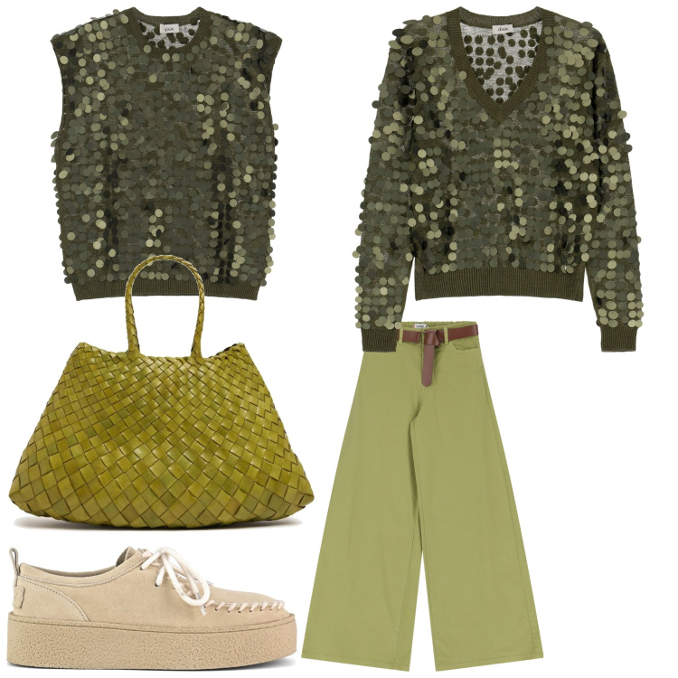 Outfit donna - Verde brillante. Stile Casual chic per Serata fuori. Abbinamento con pantaloni, top, maglieria, mocassini, borse a spalla.