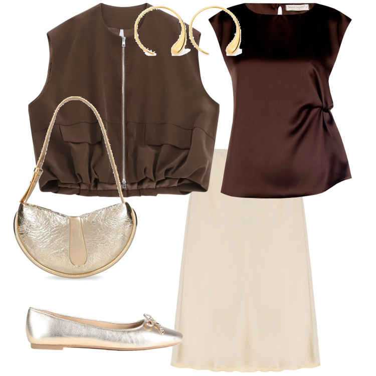 Outfit donna - Colori di tendenza. per Tutti i giorni. Abbinamento con ballerine, top, blazer, gonne, borse a spalla, orecchini.