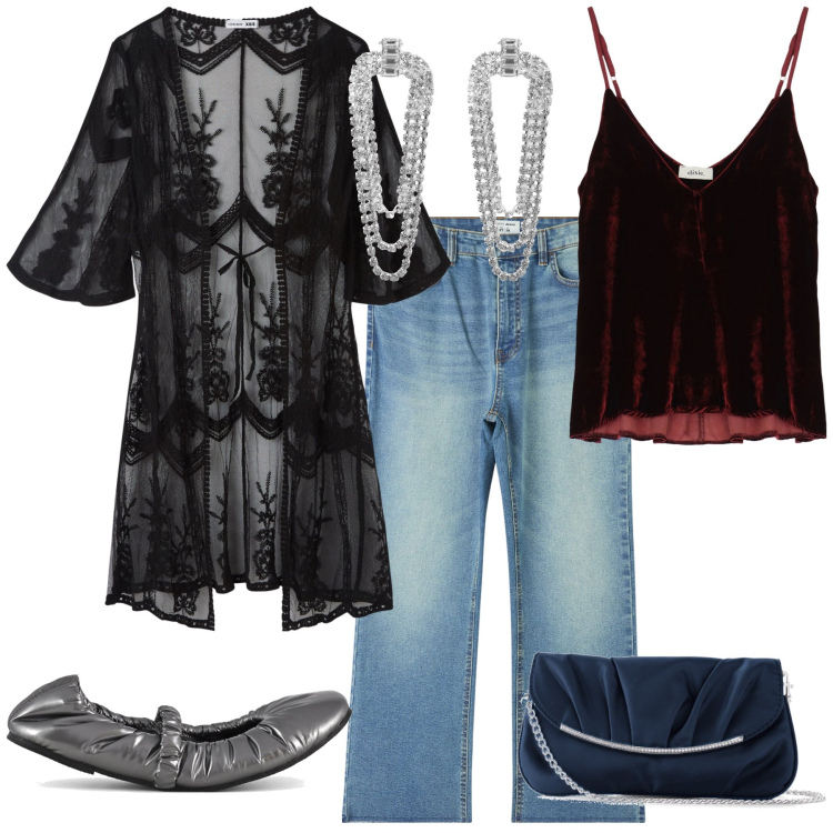 Outfit donna - Cardigan da sera. Stile Glamour per Serata fuori. Abbinamento con pochette, orecchini, caftani, jeans, canottiere, ballerine.