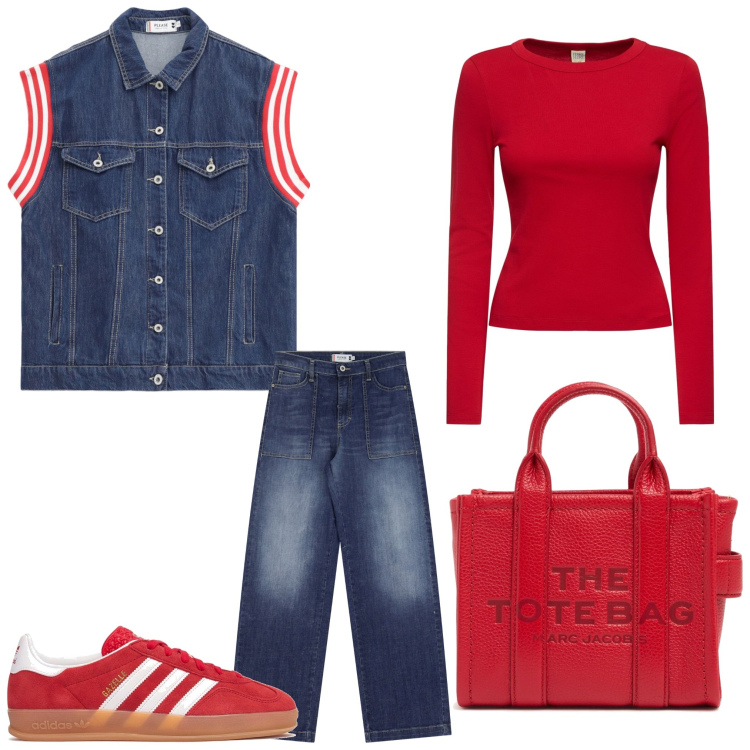 Outfit donna - Rosso e denim. Stile Casual per Tutti i giorni. Abbinamento con gilet, jeans, borse a tracolla, t-shirt, sneakers.
