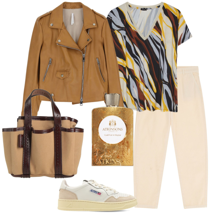Outfit donna - Atkinsons. Stile Casual per Tutti i giorni. Abbinamento con borse a mano, profumi, giacche, jeans, t-shirt, sneakers.
