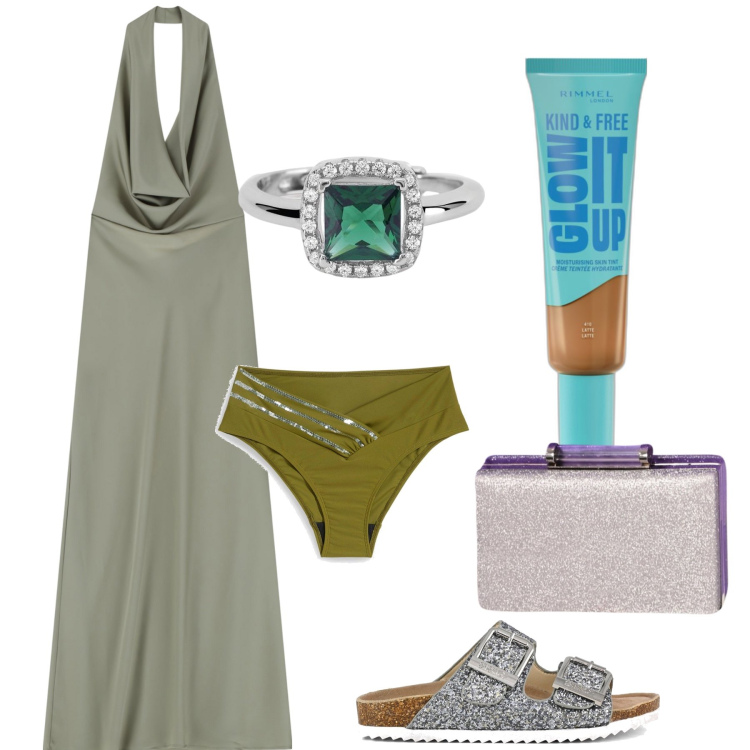 Outfit donna - Particolare serata. Stile Trendy per Serata fuori. Abbinamento con culotte, fondotinta, anelli, pochette, vestiti lunghi, sandali.