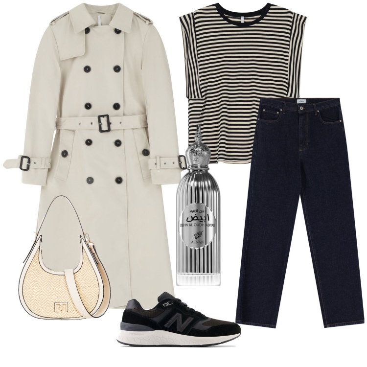 Outfit donna - Righe nere. Stile Casual per Tutti i giorni. Abbinamento con profumi, sneakers, borse a mano, top, trench, jeans dritti.