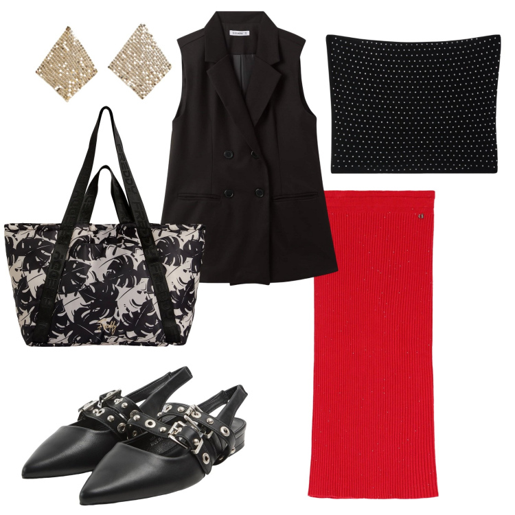 Outfit donna - Top e gilet. per Serata fuori. Abbinamento con gilet, orecchini, sabot, top, shopping bag, gonne longuette.