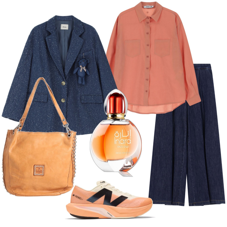 Outfit donna - Pesca. Stile Casual per Tutti i giorni. Abbinamento con borse a mano, profumi, sneakers, camicie, blazer, jeans.