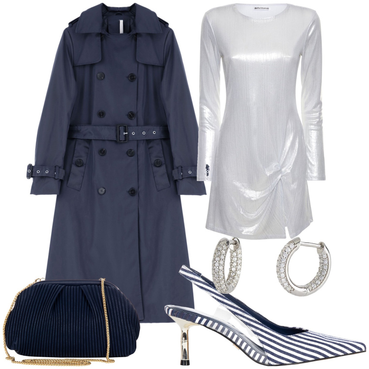 Outfit donna - Aperitivo d argento. Stile Glamour per Serata fuori. Abbinamento con pochette, décolleté, orecchini, trench, vestiti.