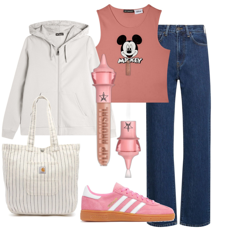 Outfit donna - Mickey. Stile Casual per Tutti i giorni. Abbinamento con gloss, felpe con cappuccio, canottiere, sneakers, jeans dritti, borse tote.